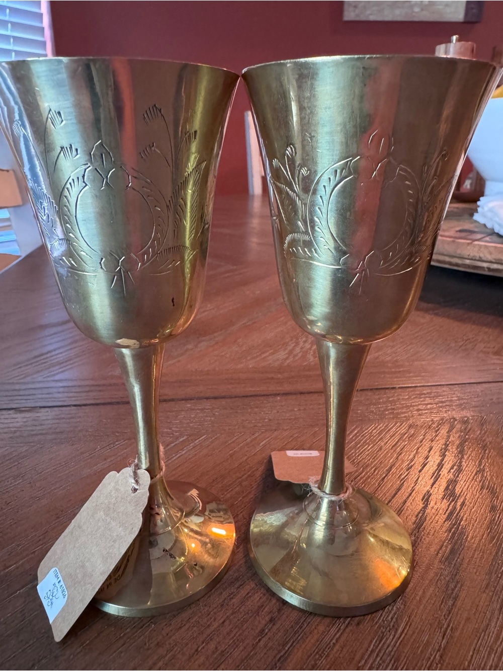 Indian Engraved Brass Goblet Pair - Gold Tone